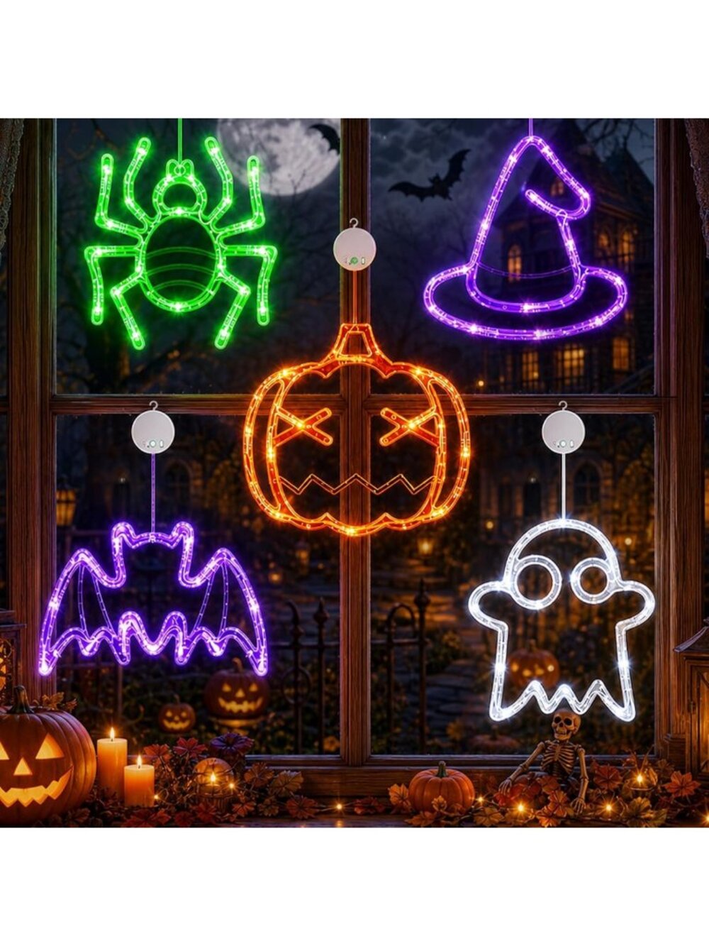 5 Pack Halloween Window Lights - Pumpkin, Spider, Ghost, Bat & Hat Decor